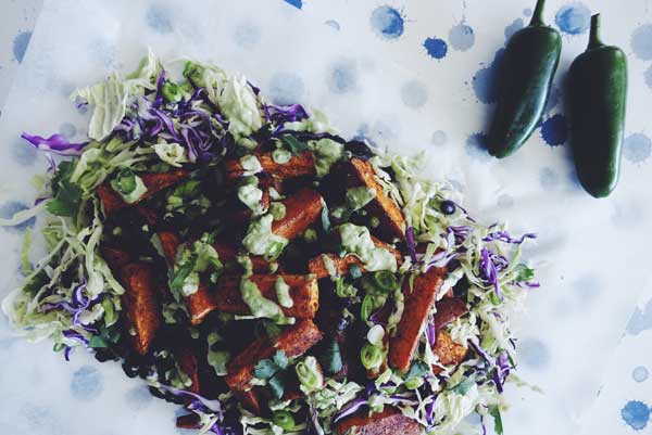 Cashew chia and jalapeno sauce on sweet potato