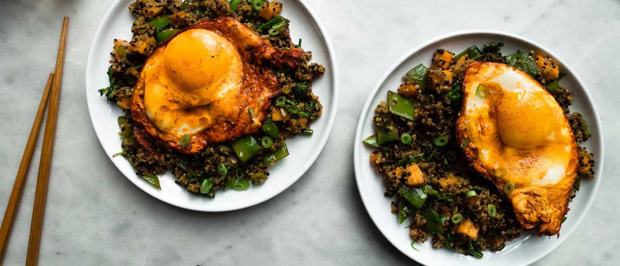 Fried quinoa with crispy turmeric eggs 